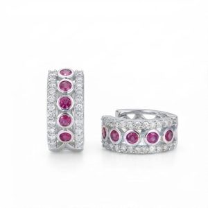 AGOR 925 Sterling Silver Pink Round Stone Wide Huggie Hoop Earrings, High-Polish Rhodium Finish Jewellery