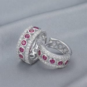 AGOR 925 Sterling Silver Pink Round Stone Wide Huggie Hoop Earrings, High-Polish Rhodium Finish Jewellery