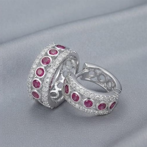 AGOR 925 Sterling Silver Pink Round Stone Wide Huggie Hoop Earrings, High-Polish Rhodium Finish Jewellery