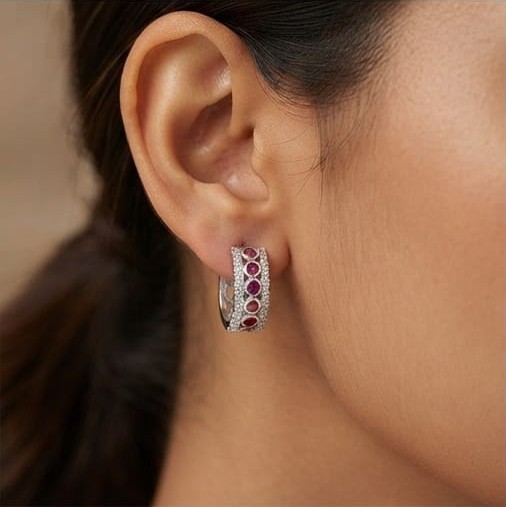 AGOR 925 Sterling Silver Pink Round Stone Wide Huggie Hoop Earrings, High-Polish Rhodium Finish Jewellery