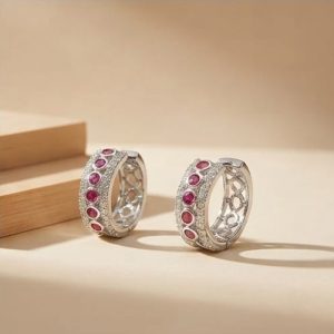 AGOR 925 Sterling Silver Pink Round Stone Wide Huggie Hoop Earrings, High-Polish Rhodium Finish Jewellery