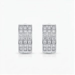 AGOR 925 Sterling Silver Triple-Row Pavé Wide Huggie Hoop Earrings, High Polish Rhodium Finish Jewellery