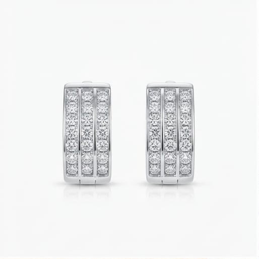 AGOR 925 Sterling Silver Triple-Row Pavé Wide Huggie Hoop Earrings, High Polish Rhodium Finish Jewellery