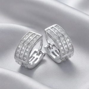 AGOR 925 Sterling Silver Triple-Row Pavé Wide Huggie Hoop Earrings, High Polish Rhodium Finish Jewellery