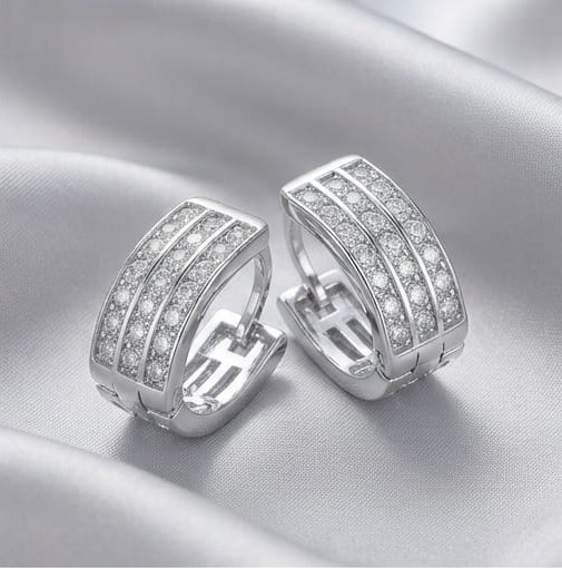 AGOR 925 Sterling Silver Triple-Row Pavé Wide Huggie Hoop Earrings, High Polish Rhodium Finish Jewellery