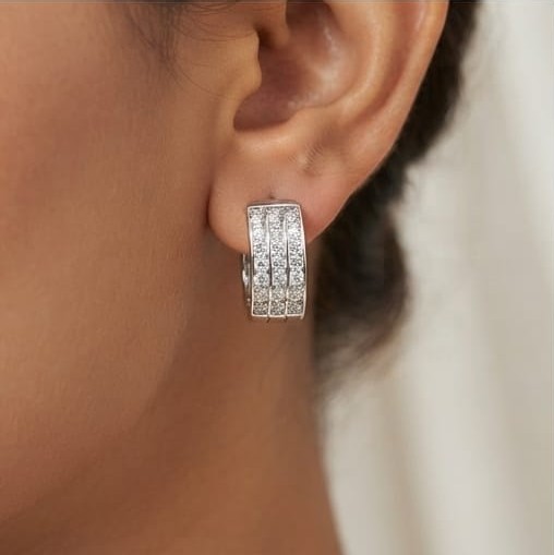 AGOR 925 Sterling Silver Triple-Row Pavé Wide Huggie Hoop Earrings, High Polish Rhodium Finish Jewellery