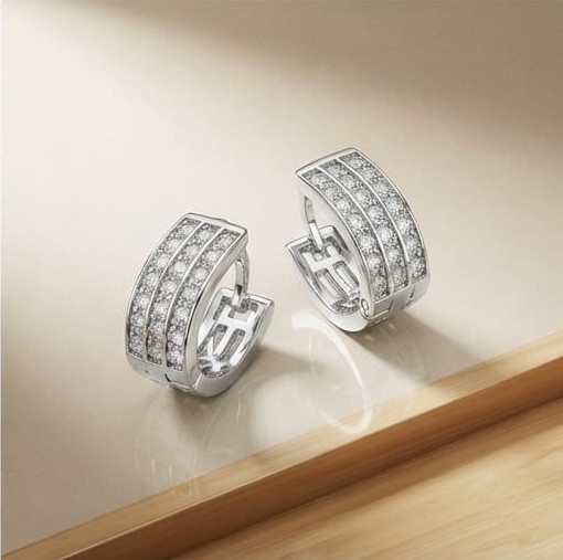 AGOR 925 Sterling Silver Triple-Row Pavé Wide Huggie Hoop Earrings, High Polish Rhodium Finish Jewellery