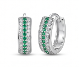 AGOR 925 Sterling Silver Green Stone Pavé Huggie Hoop Earrings, High-Polish Rhodium Finish Jewellery