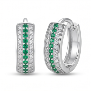 AGOR 925 Sterling Silver Green Stone Pavé Huggie Hoop Earrings, High-Polish Rhodium Finish Jewellery