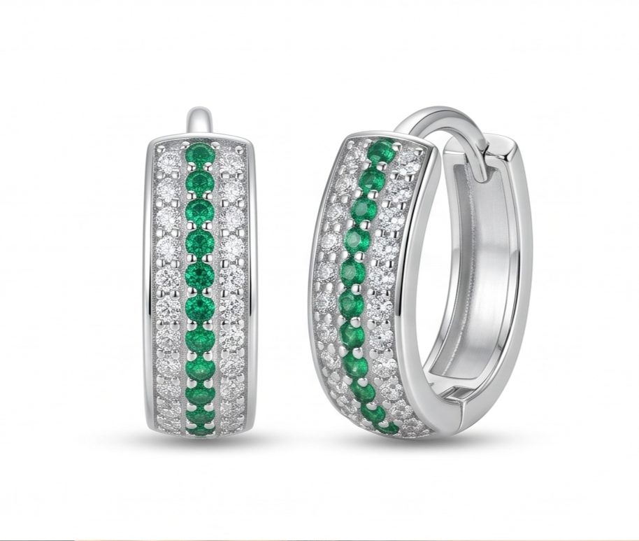 AGOR 925 Sterling Silver Green Stone Pavé Huggie Hoop Earrings, High-Polish Rhodium Finish Jewellery