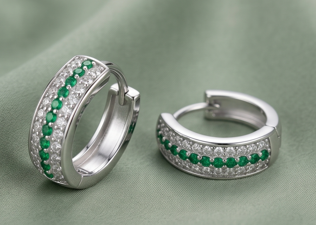 AGOR 925 Sterling Silver Green Stone Pavé Huggie Hoop Earrings, High-Polish Rhodium Finish Jewellery