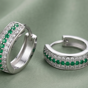 AGOR 925 Sterling Silver Green Stone Pavé Huggie Hoop Earrings, High-Polish Rhodium Finish Jewellery