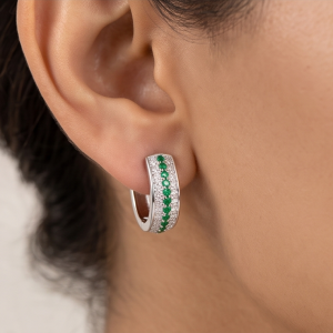 AGOR 925 Sterling Silver Green Stone Pavé Huggie Hoop Earrings, High-Polish Rhodium Finish Jewellery