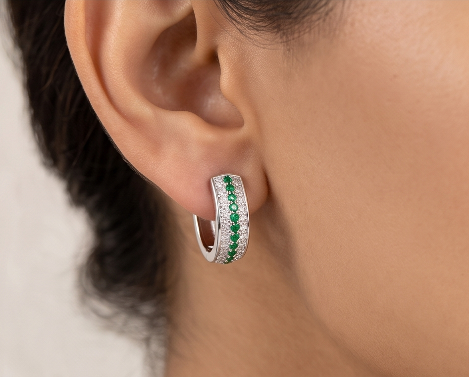 AGOR 925 Sterling Silver Green Stone Pavé Huggie Hoop Earrings, High-Polish Rhodium Finish Jewellery