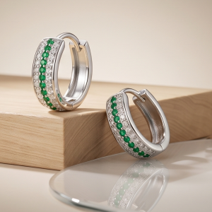 AGOR 925 Sterling Silver Green Stone Pavé Huggie Hoop Earrings, High-Polish Rhodium Finish Jewellery