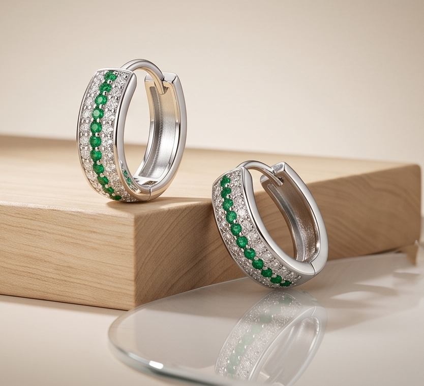 AGOR 925 Sterling Silver Green Stone Pavé Huggie Hoop Earrings, High-Polish Rhodium Finish Jewellery