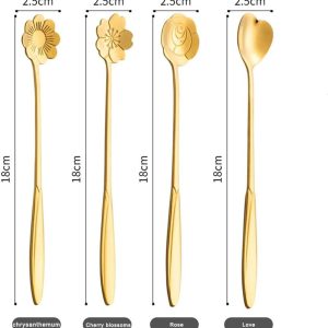 Rashi Collection 4-Piece Gold Floral Dessert Spoon Set | Premium Stainless Steel Tea & Coffee Spoons | BPA-Free, Dishwasher Safe Decorative Cutlery