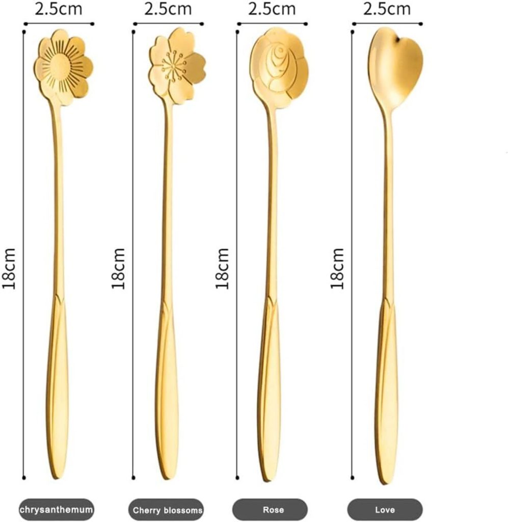 Rashi Collection 4-Piece Gold Floral Dessert Spoon Set | Premium Stainless Steel Tea & Coffee Spoons | BPA-Free, Dishwasher Safe Decorative Cutlery