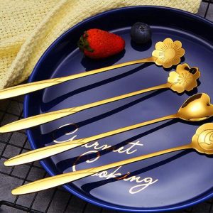 Rashi Collection 4-Piece Gold Floral Dessert Spoon Set | Premium Stainless Steel Tea & Coffee Spoons | BPA-Free, Dishwasher Safe Decorative Cutlery