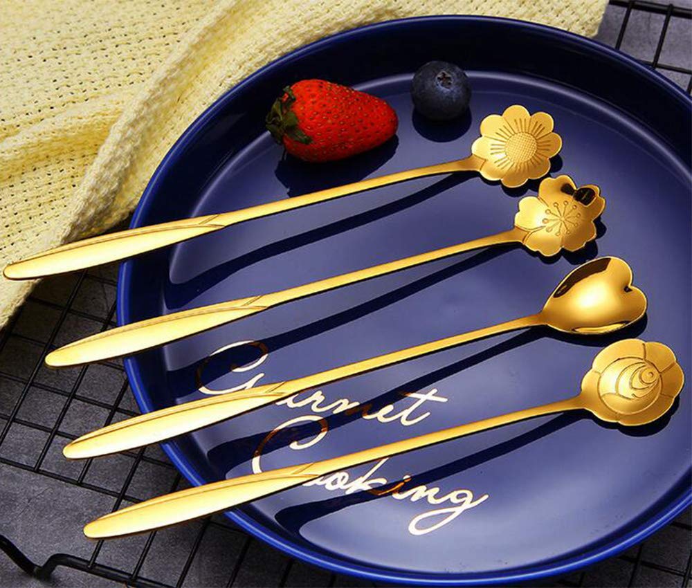 Rashi Collection 4-Piece Gold Floral Dessert Spoon Set | Premium Stainless Steel Tea & Coffee Spoons | BPA-Free, Dishwasher Safe Decorative Cutlery