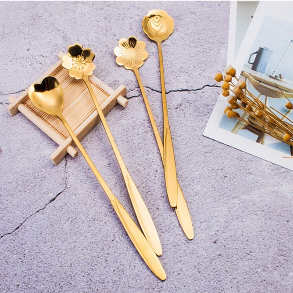 Rashi Collection 4-Piece Gold Floral Dessert Spoon Set | Premium Stainless Steel Tea & Coffee Spoons | BPA-Free, Dishwasher Safe Decorative Cutlery
