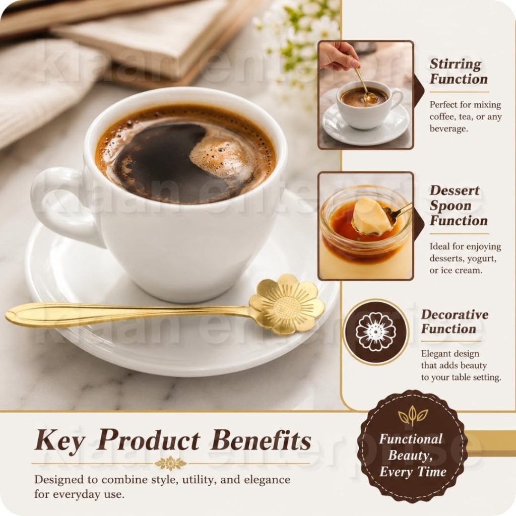 Rashi Collection 4-Piece Gold Floral Dessert Spoon Set | Premium Stainless Steel Tea & Coffee Spoons | BPA-Free, Dishwasher Safe Decorative Cutlery