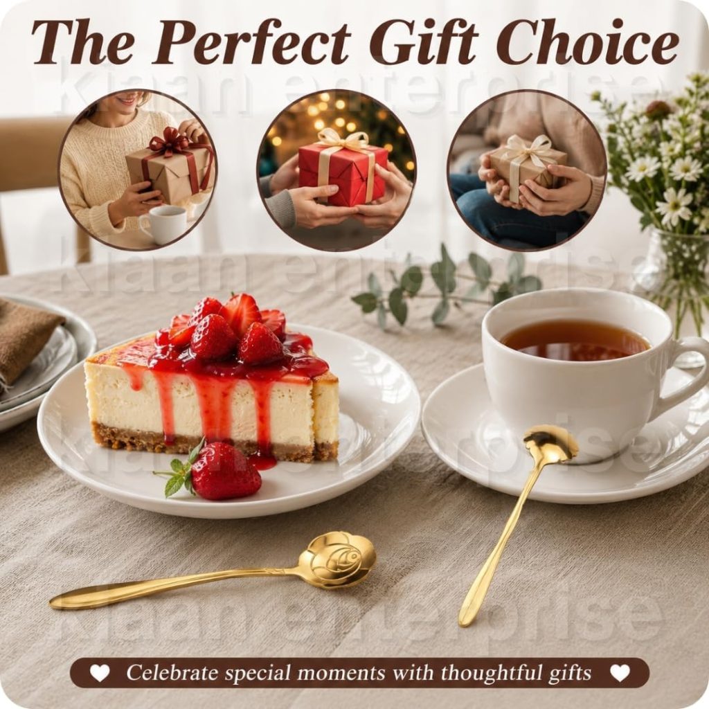 Rashi Collection 4-Piece Gold Floral Dessert Spoon Set | Premium Stainless Steel Tea & Coffee Spoons | BPA-Free, Dishwasher Safe Decorative Cutlery