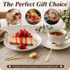 Rashi Collection 4-Piece Gold Floral Dessert Spoon Set | Premium Stainless Steel Tea & Coffee Spoons | BPA-Free, Dishwasher Safe Decorative Cutlery