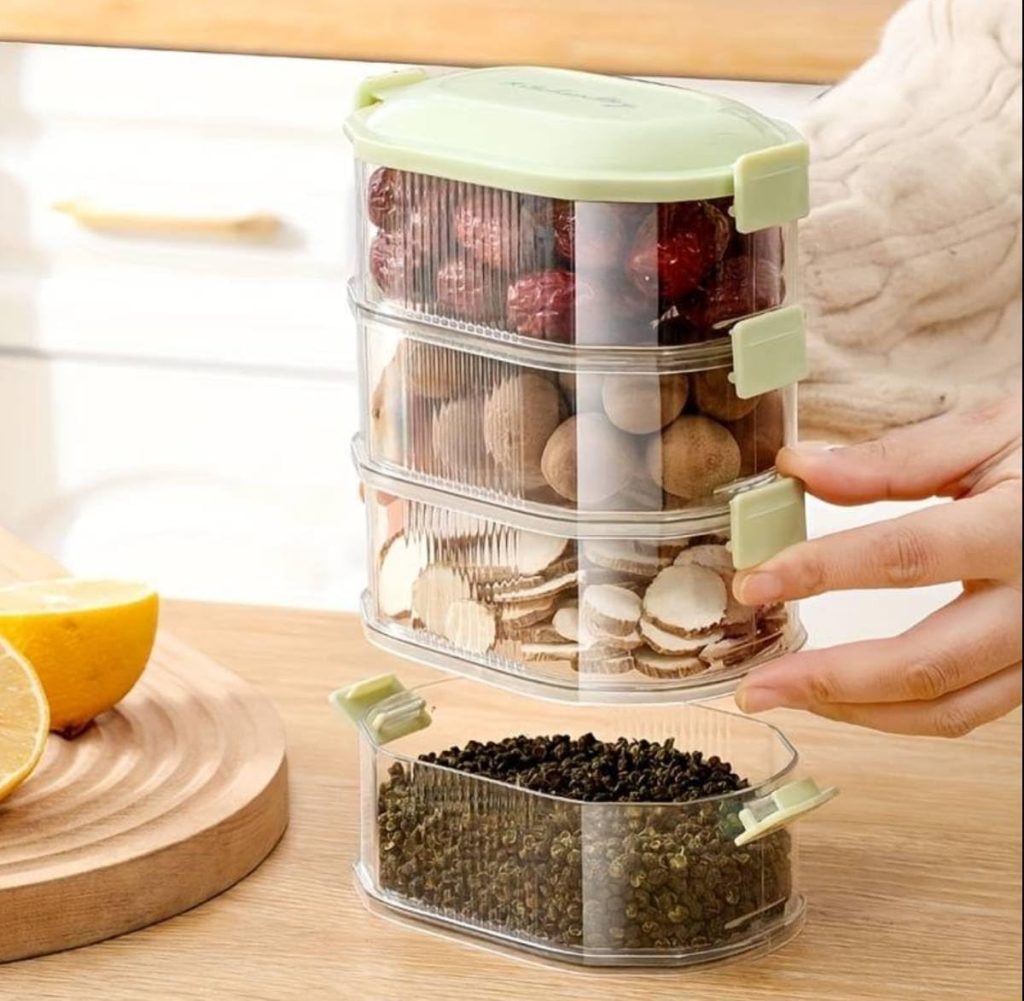 Rashi Collection 4-Layer Stackable Food Storage Containers | 2000ml (4x500ml) Airtight Transparent Condiment & Snack Box | BPA-Free Plastic Space-Saving Kitchen Pantry Organizer (Random Color)