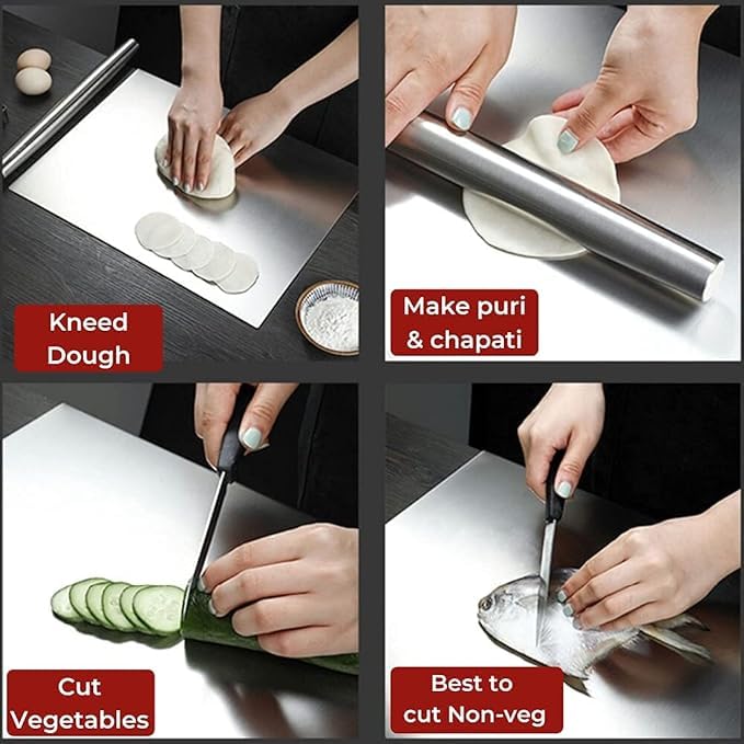 Rashi Collection 304 Stainless Steel Cutting Board | Heavy-Duty Double-Sided Chopping Board for Kitchen | Scratch-Resistant, Hygienic & Space-Saving (36 x 25 cm)