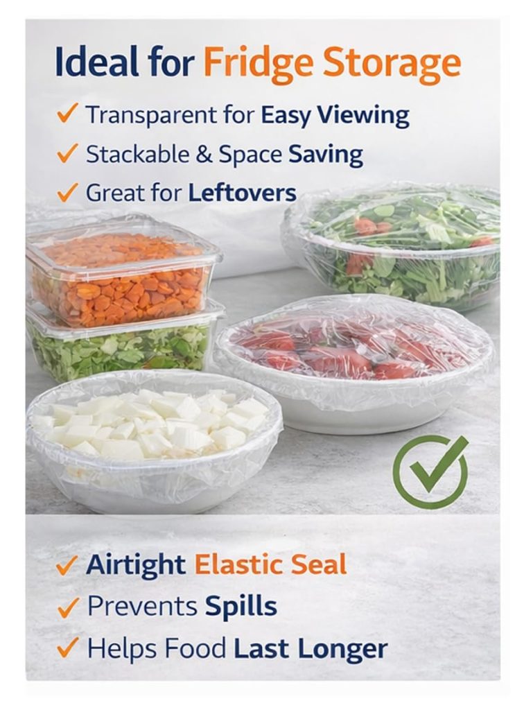 Rashi Collection 50-Piece Reusable Elastic Food Covers | Stretchable Transparent Plastic Bowl Lids for Fridge Storage | Leak-Proof & Airtight Cling Wrap Alternative