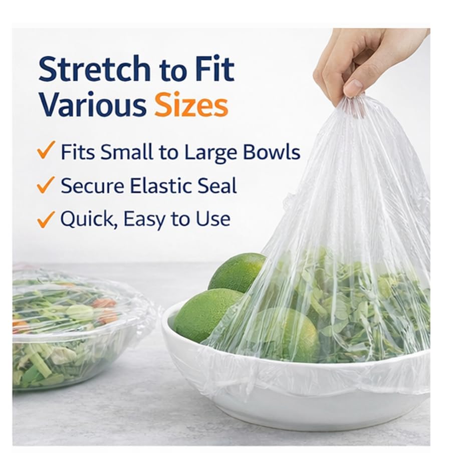 Rashi Collection 50-Piece Reusable Elastic Food Covers | Stretchable Transparent Plastic Bowl Lids for Fridge Storage | Leak-Proof & Airtight Cling Wrap Alternative