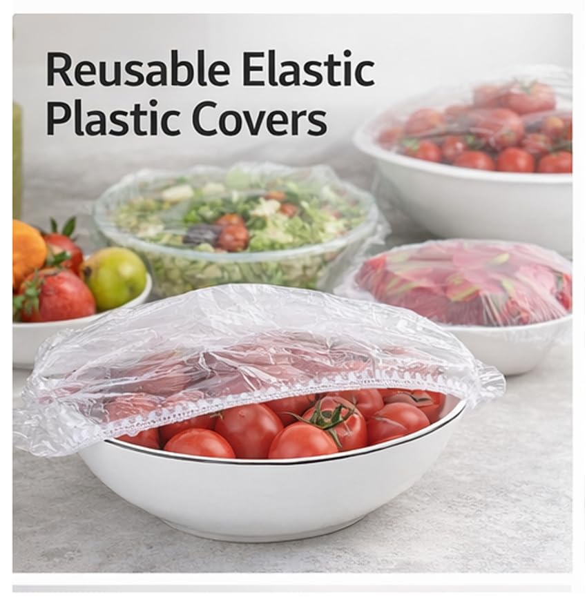 Rashi Collection 50-Piece Reusable Elastic Food Covers | Stretchable Transparent Plastic Bowl Lids for Fridge Storage | Leak-Proof & Airtight Cling Wrap Alternative