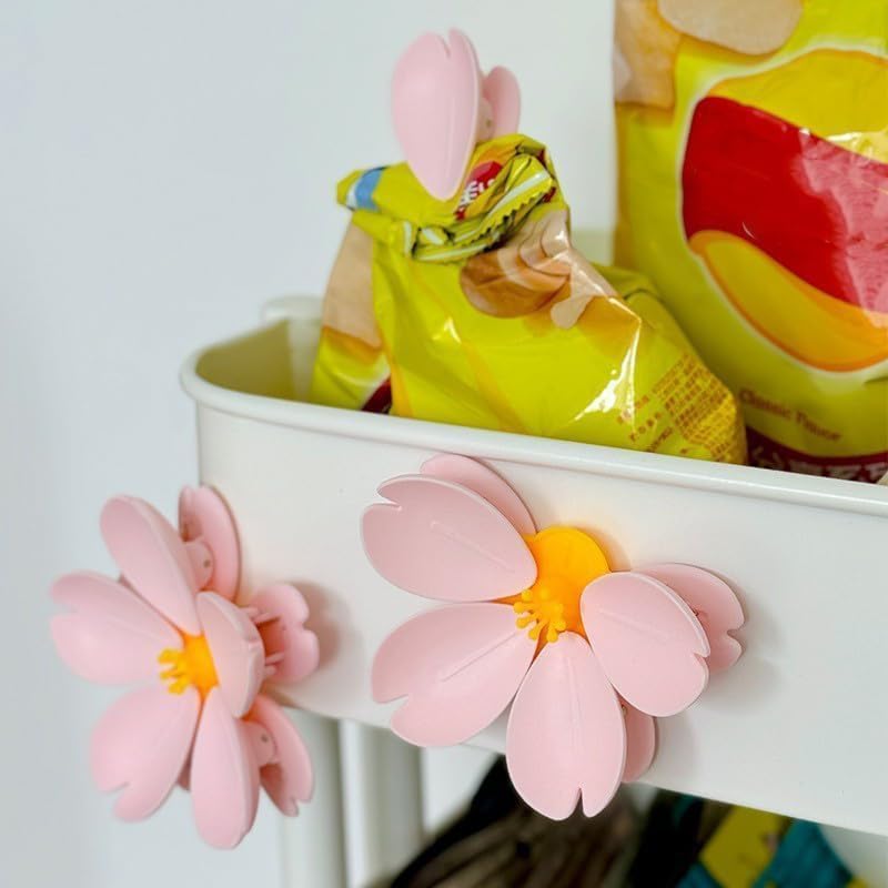 Rashi Collection Pack of 6 Floral Fridge Magnet & Food Sealing Clips | 2-in-1 Sakura Cherry Blossom Snack Bag Clips | Strong Magnetic Hold for Kitchen & Office (Random Colors)