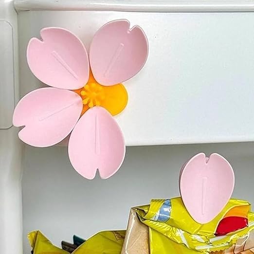 Rashi Collection Pack of 6 Floral Fridge Magnet & Food Sealing Clips | 2-in-1 Sakura Cherry Blossom Snack Bag Clips | Strong Magnetic Hold for Kitchen & Office (Random Colors)