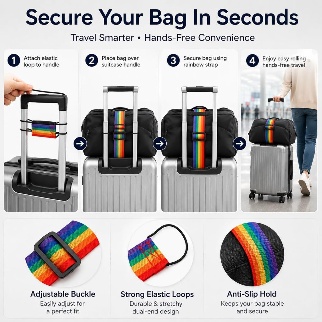 Rashi Collection 6-Piece Adjustable Luggage Straps | Stretchable Rainbow Nylon Travel Belts with Quick Release Buckle & Dual Loops | Secure Baggage Binder for Suitcases & Bags