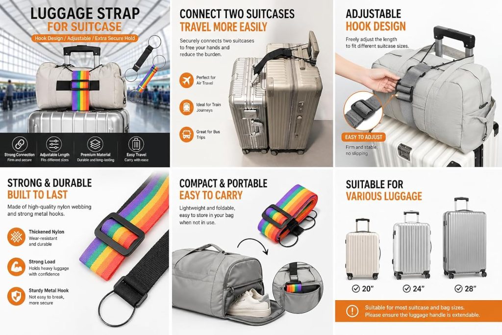 Rashi Collection 6-Piece Adjustable Luggage Straps | Stretchable Rainbow Nylon Travel Belts with Quick Release Buckle & Dual Loops | Secure Baggage Binder for Suitcases & Bags