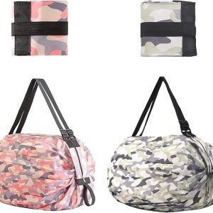 Rashi Collection Pack of 2 Roll N Go Foldable Shopping Bags | Premium Nylon Reusable Grocery Tote | Waterproof Pocket-Sized Shoulder Bag with Zipper (Random Colors)