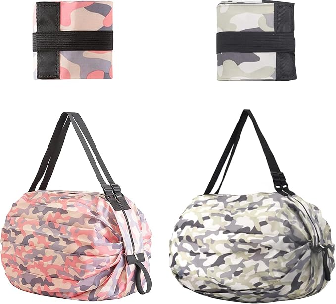 Rashi Collection Pack of 2 Roll N Go Foldable Shopping Bags | Premium Nylon Reusable Grocery Tote | Waterproof Pocket-Sized Shoulder Bag with Zipper (Random Colors)
