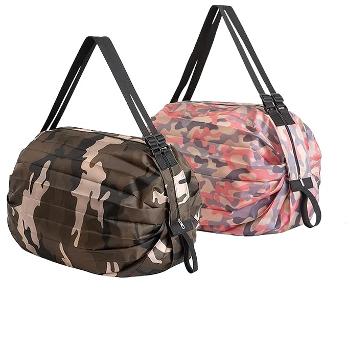 Rashi Collection Pack of 2 Roll N Go Foldable Shopping Bags | Premium Nylon Reusable Grocery Tote | Waterproof Pocket-Sized Shoulder Bag with Zipper (Random Colors)