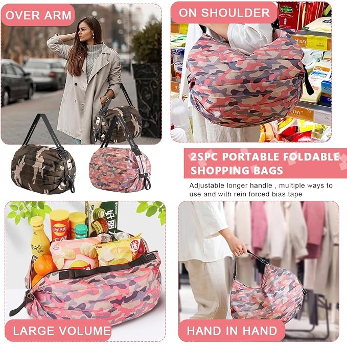 Rashi Collection Pack of 2 Roll N Go Foldable Shopping Bags | Premium Nylon Reusable Grocery Tote | Waterproof Pocket-Sized Shoulder Bag with Zipper (Random Colors)