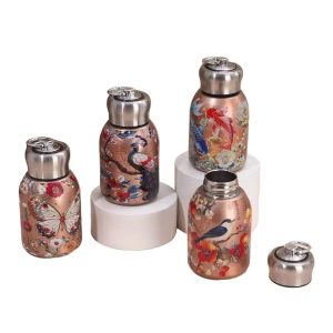 Rashi Collection 300ml Vintage Designer Stainless Steel Vacuum Flask | Double-Wall Insulated Hot & Cold Travel Thermos | Leak-Proof Wide Mouth Bottle with Easy-Carry Loop (Random Traditional Art Pattern)