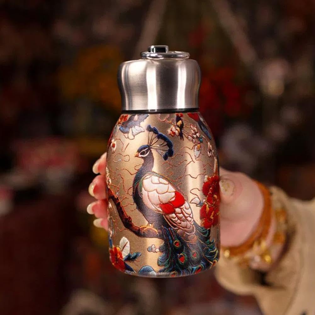 Rashi Collection 300ml Vintage Designer Stainless Steel Vacuum Flask | Double-Wall Insulated Hot & Cold Travel Thermos | Leak-Proof Wide Mouth Bottle with Easy-Carry Loop (Random Traditional Art Pattern)