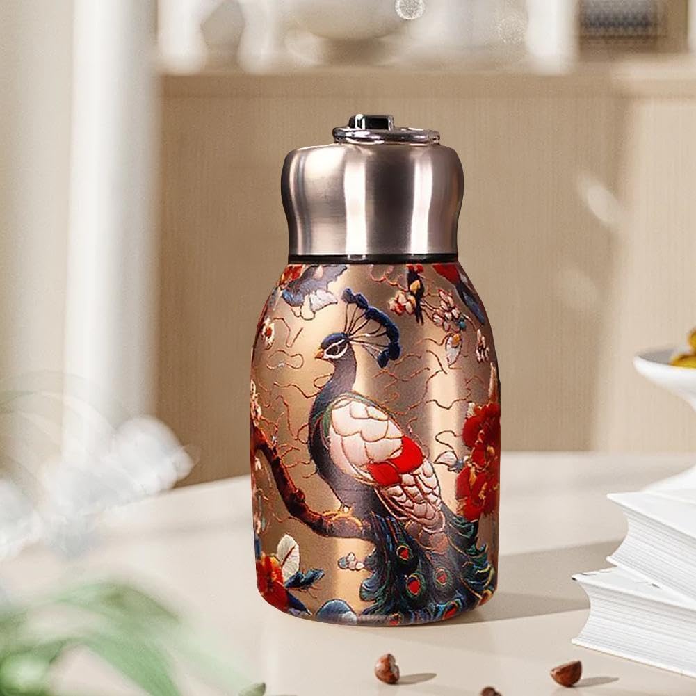 Rashi Collection 300ml Vintage Designer Stainless Steel Vacuum Flask | Double-Wall Insulated Hot & Cold Travel Thermos | Leak-Proof Wide Mouth Bottle with Easy-Carry Loop (Random Traditional Art Pattern)