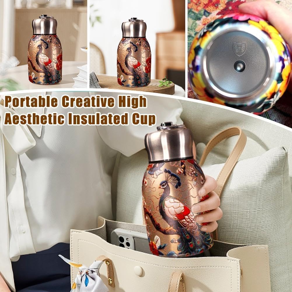 Rashi Collection 300ml Vintage Designer Stainless Steel Vacuum Flask | Double-Wall Insulated Hot & Cold Travel Thermos | Leak-Proof Wide Mouth Bottle with Easy-Carry Loop (Random Traditional Art Pattern)