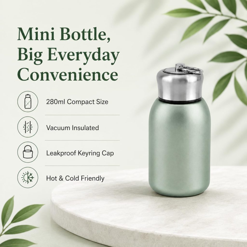 Rashi Collection 300ml Mini Stainless Steel Vacuum Flask | Solid Color Double Wall Insulated Travel Thermos | Leakproof Hot & Cold Water Bottle with Keyring Cap (Random Color)