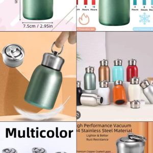 Rashi Collection 300ml Mini Stainless Steel Vacuum Flask | Solid Color Double Wall Insulated Travel Thermos | Leakproof Hot & Cold Water Bottle with Keyring Cap (Random Color)