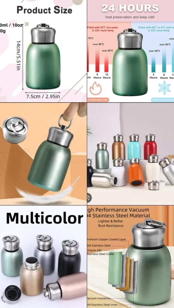 Rashi Collection 300ml Mini Stainless Steel Vacuum Flask | Solid Color Double Wall Insulated Travel Thermos | Leakproof Hot & Cold Water Bottle with Keyring Cap (Random Color)