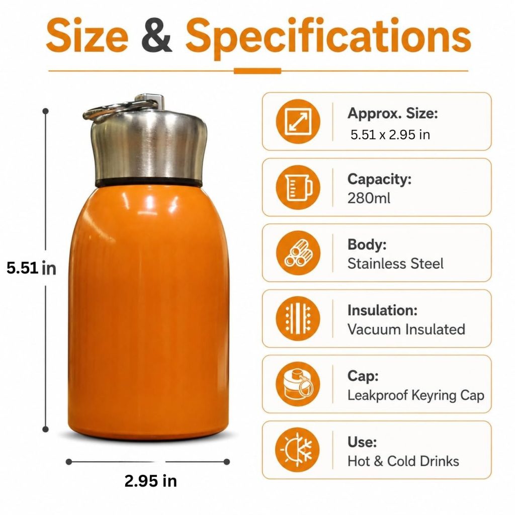 Rashi Collection 300ml Mini Stainless Steel Vacuum Flask | Solid Color Double Wall Insulated Travel Thermos | Leakproof Hot & Cold Water Bottle with Keyring Cap (Random Color)