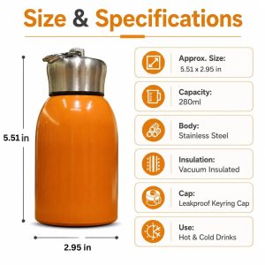 Rashi Collection 300ml Mini Stainless Steel Vacuum Flask | Solid Color Double Wall Insulated Travel Thermos | Leakproof Hot & Cold Water Bottle with Keyring Cap (Random Color)